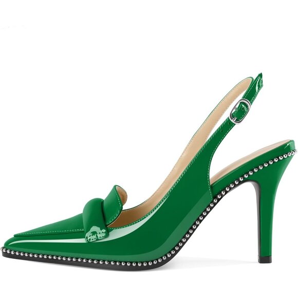 Women Green Stiletto Beaded Shoes Pointed Toe Slip On Loafers Slingback Heel - Picture 5 of 6